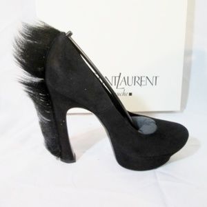 Yves Saint Laurent Black Suede Heels with Fur-Trimmed Heel